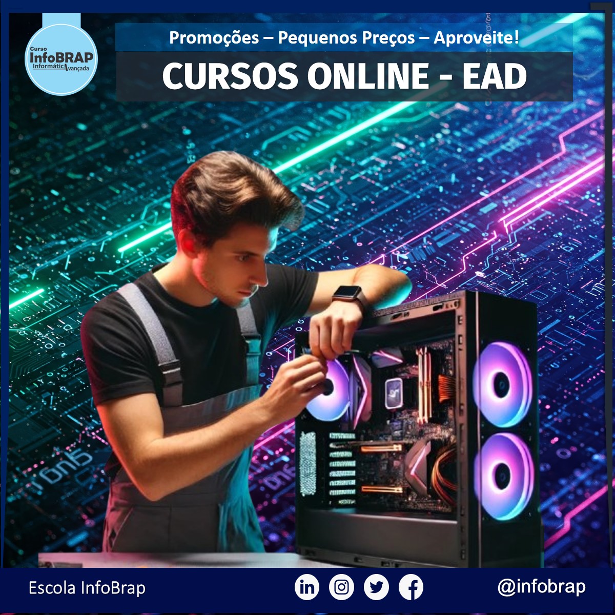 Aprenda online e no seu ritmo a entender o hardware de PCs e criar orçamentos precisos para máquinas gamer. Curso EAD completo da Escola Online InfoBrap, com certificado de ensino válido em todo o Brasil.